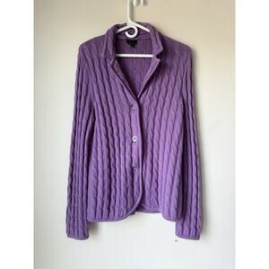Talbots Pure Merino Wool Cardigan Sweater Women’s Size L Lavender Cable Knit *fl